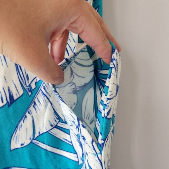 XXS Mid Length Dress | Short Sleeves Palm Print | Pockets Stretch White Blue | - Picture 3 of 6